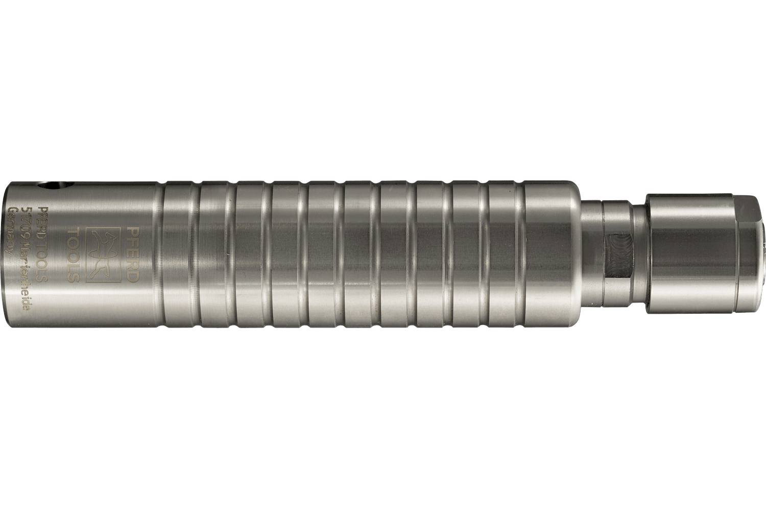 Metal cylindrical connector or coupler with ribbed body and stepped end, shown in side view on a white background.