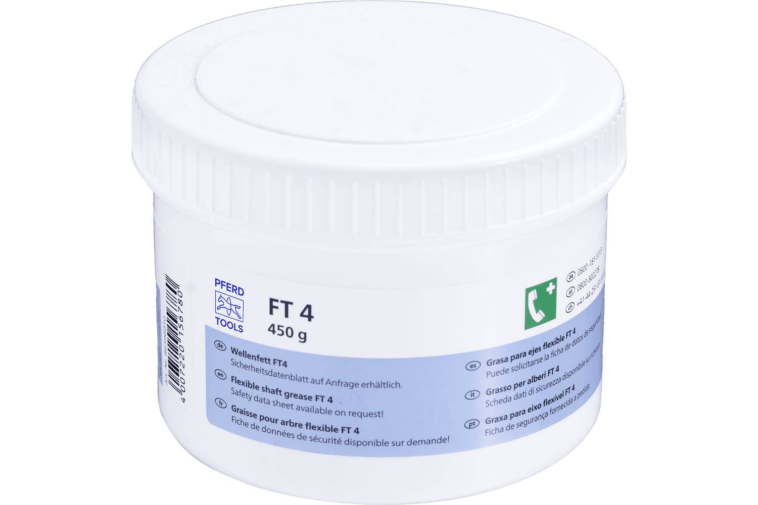 White plastic tub labeled 'FT 4' 450 g with screw lid, showing blue product label and German text for a grease/lubricant product.