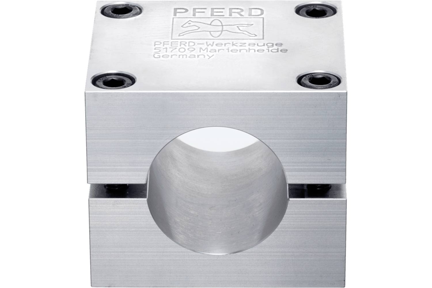 Silver metal industrial clamp block with a large circular bore, engraved 'PFERD' and four bolt holes on top.