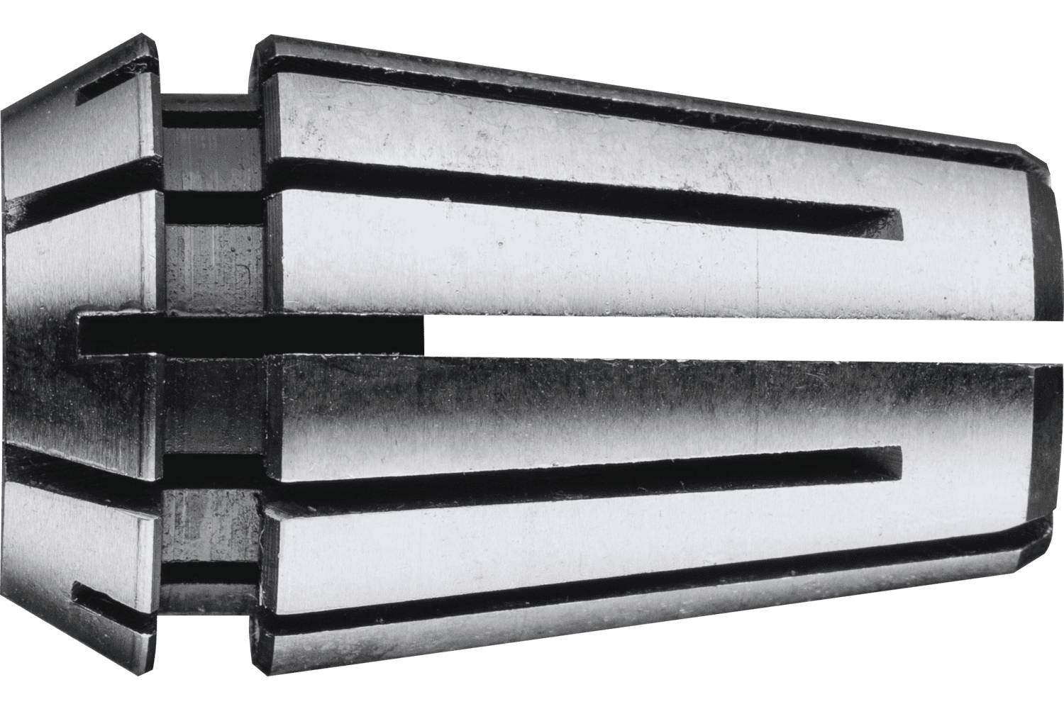 Close-up of a metal collet chuck, a split cylindrical tool holder with slotted jaws for gripping a workpiece.