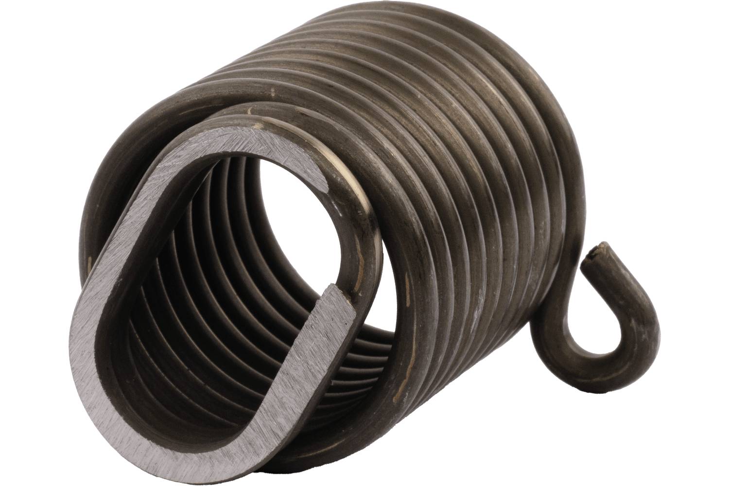 Close-up of a metal extension spring with a looped hook end on a white background.