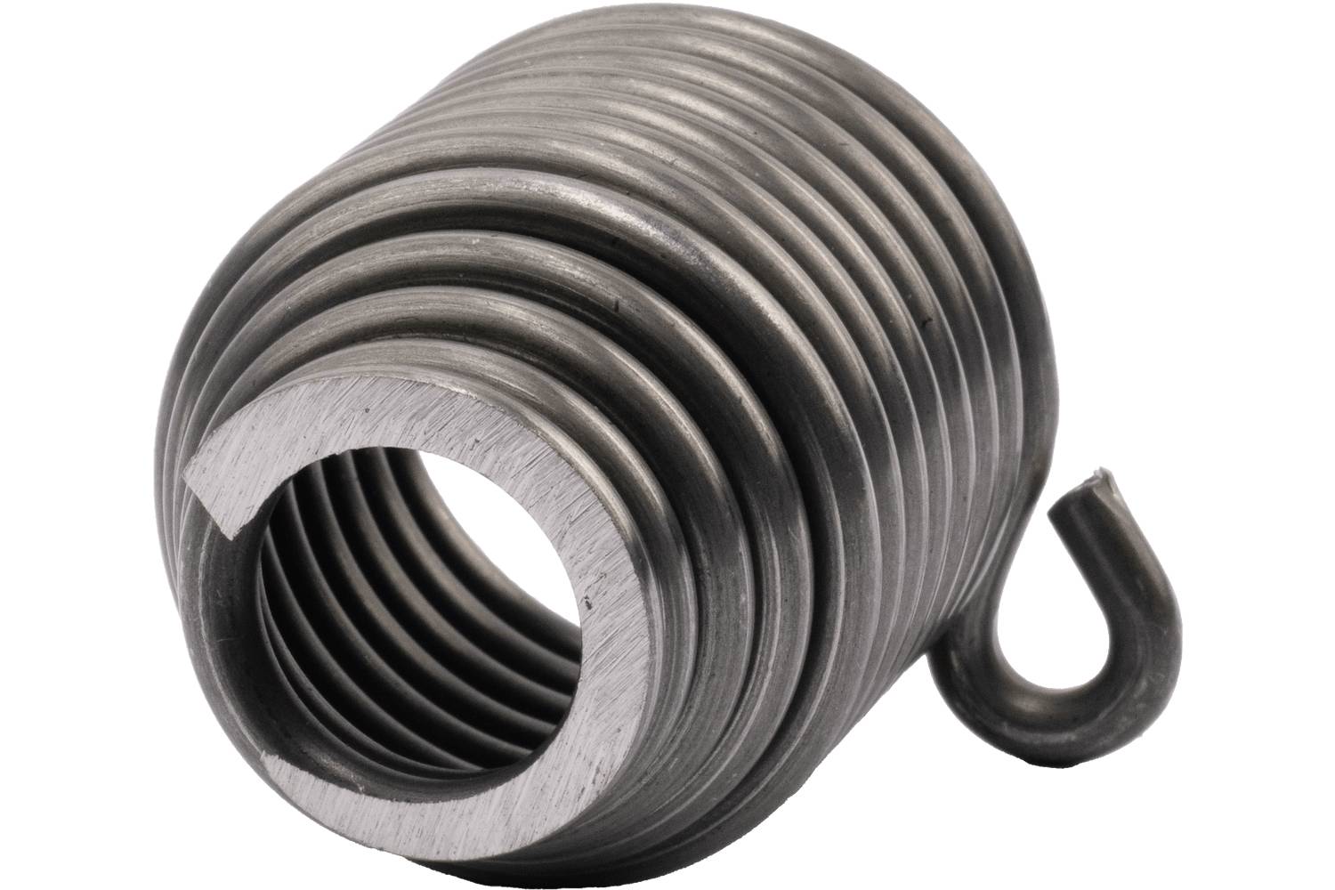 Close-up of a metal torsion spring coil with a hooked end on a white background.