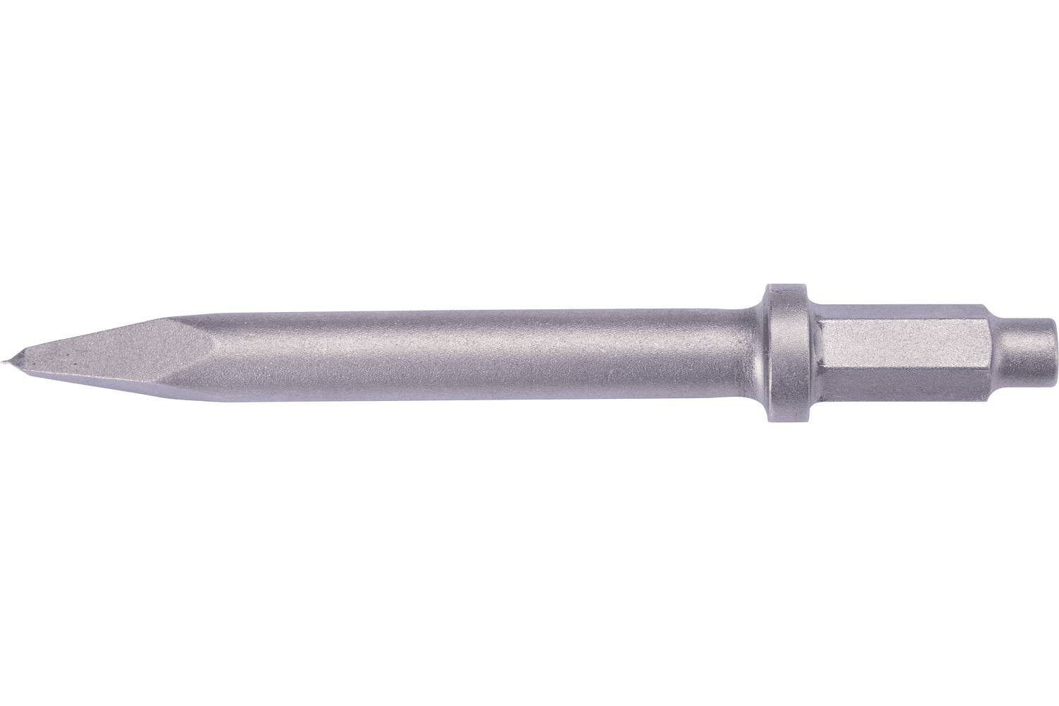 Metal hex-shank chisel bit with a pointed tip on a white background.