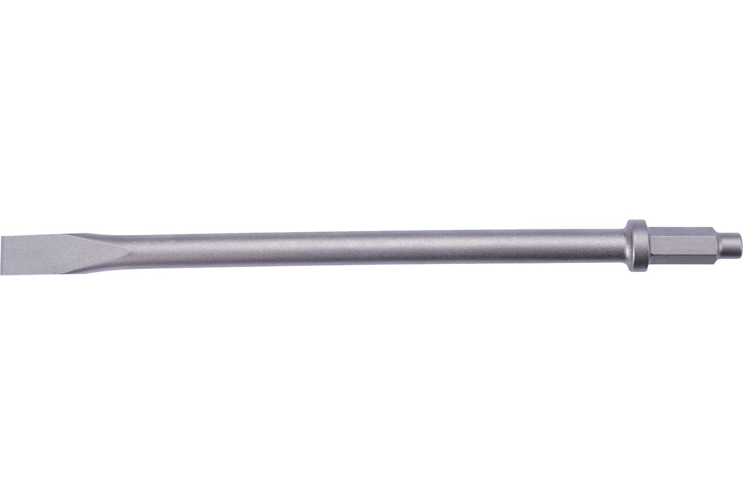 A metal chisel or punch tool with a long shaft, flat blade end, and hexagonal drive end on a white background.