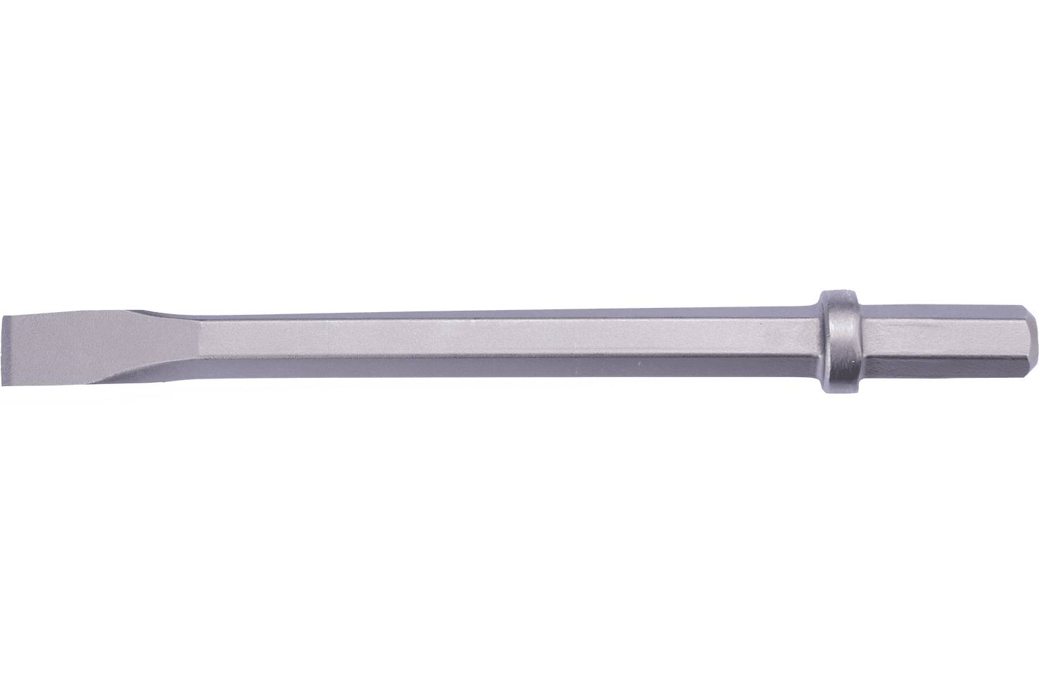 Metal chisel bit with a flat blade and hex shank, shown horizontally on a white background.