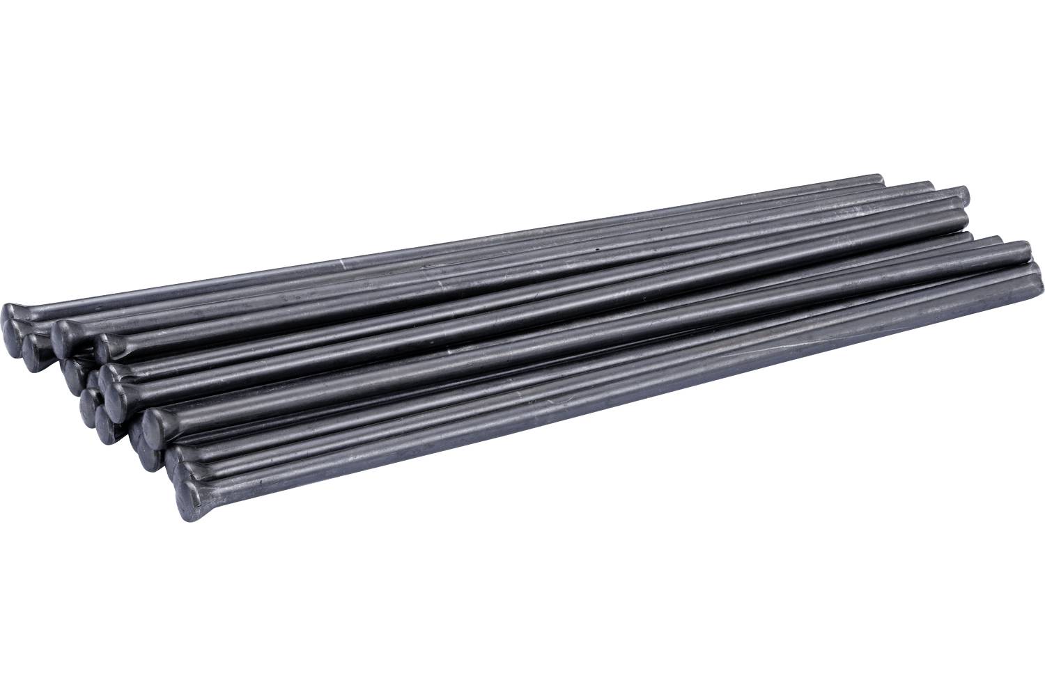 Bundle of long black metal rods stacked on a white background.