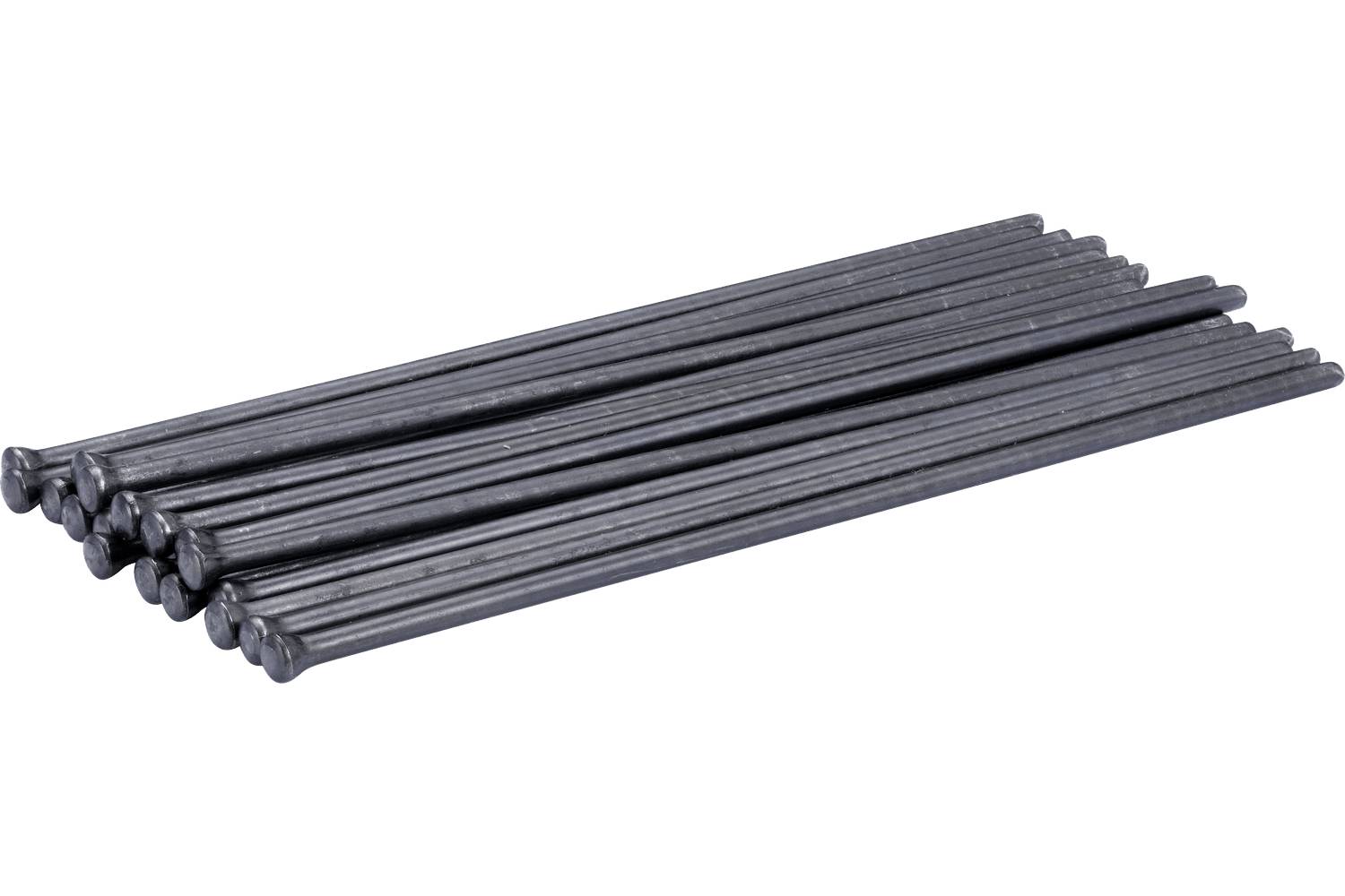Stack of black steel rods or welding rods arranged in a bundle on a white background.