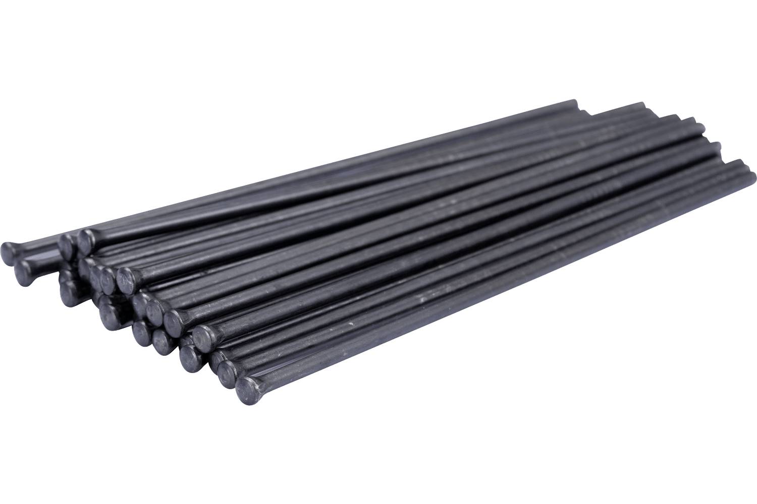 Bundle of black metal rods stacked together on a white background.
