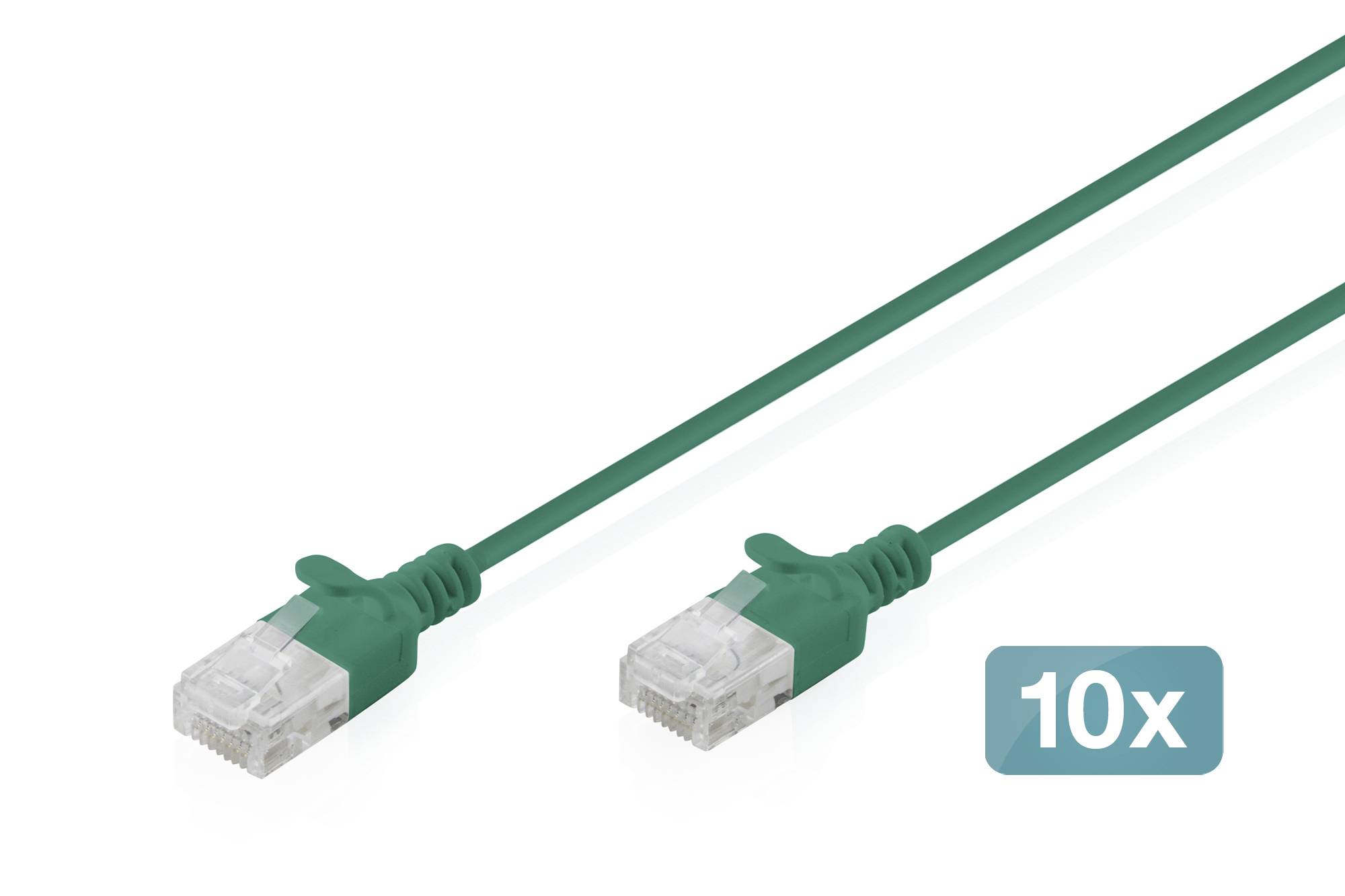 Two green Ethernet cables with clear connectors, shown with a '10x' label indicating ten times speed or quantity.