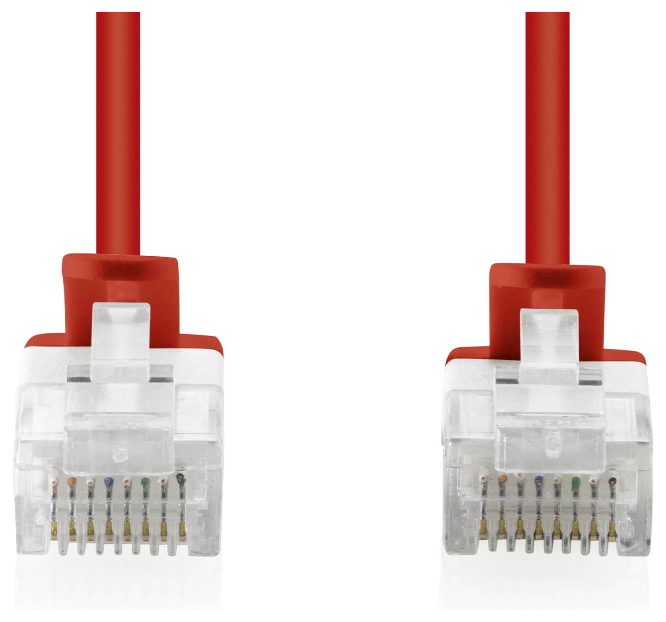 Zwei rote Ethernet-Kabelstecker nebeneinander auf weißem Hintergrund gezeigt.