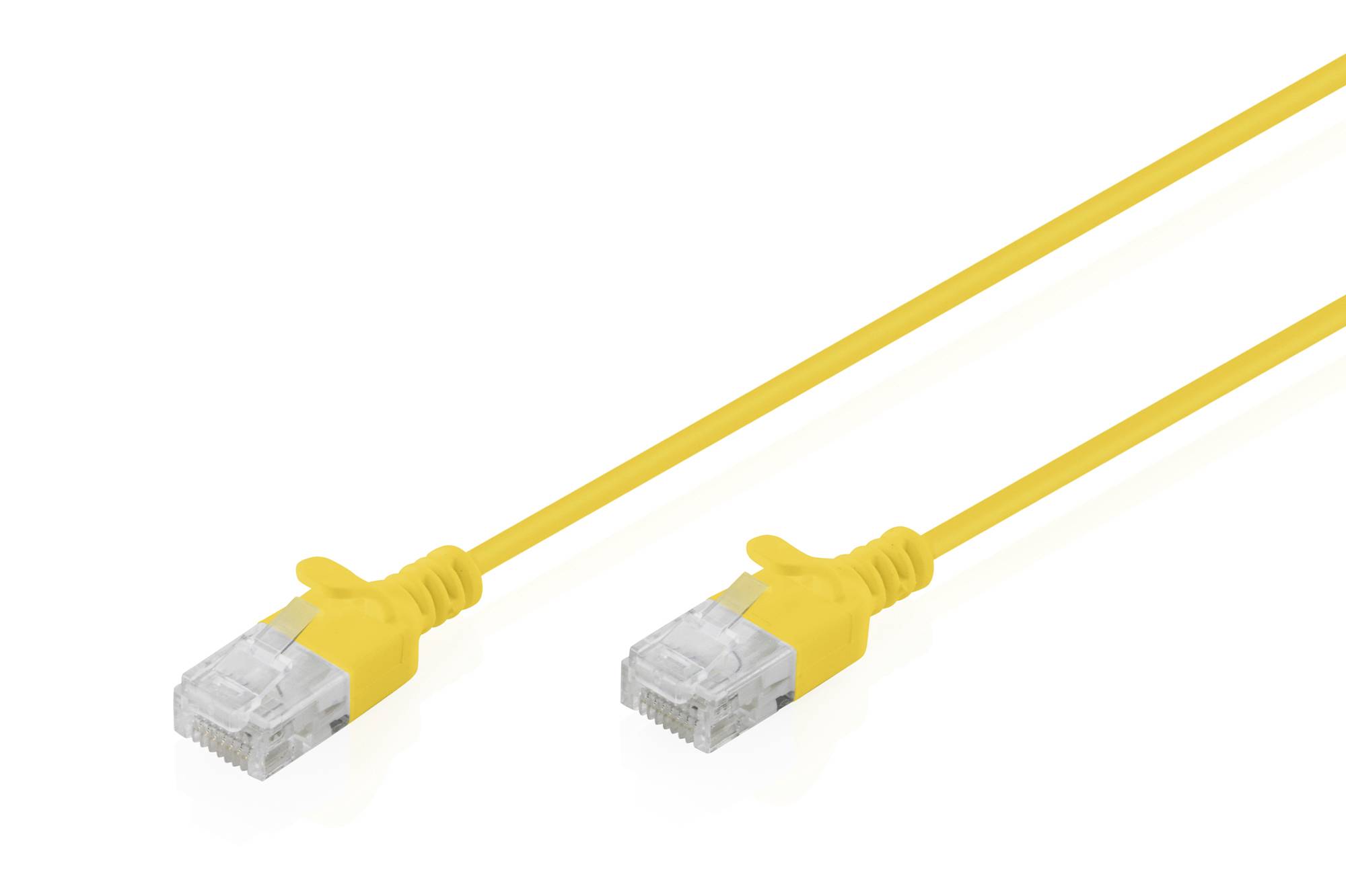 Yellow Ethernet cable with two RJ45 connectors on a white background.