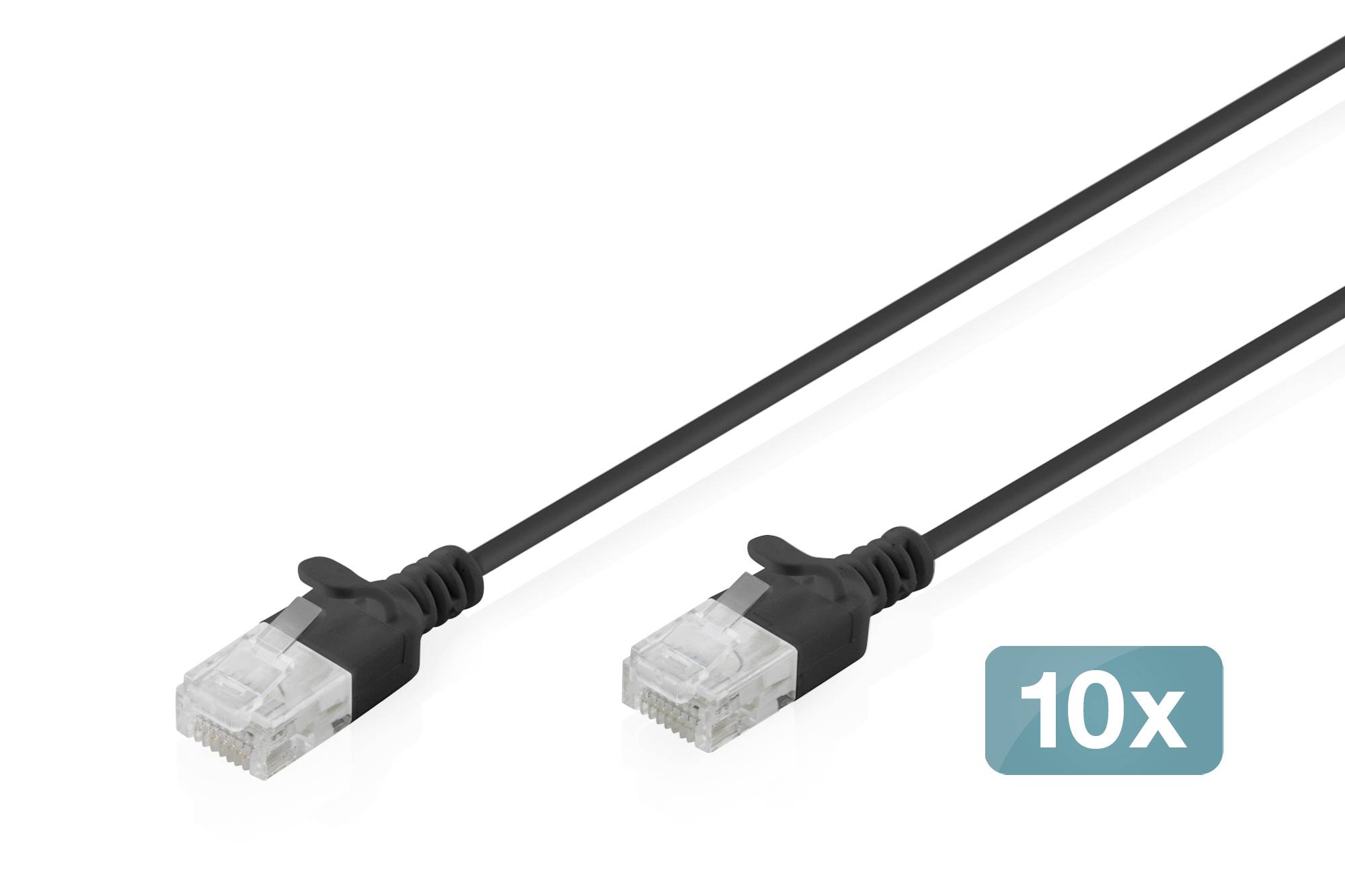 Zwei schwarze Ethernet-Kabel mit transparenten RJ45-Steckern, beschriftet mit „10x