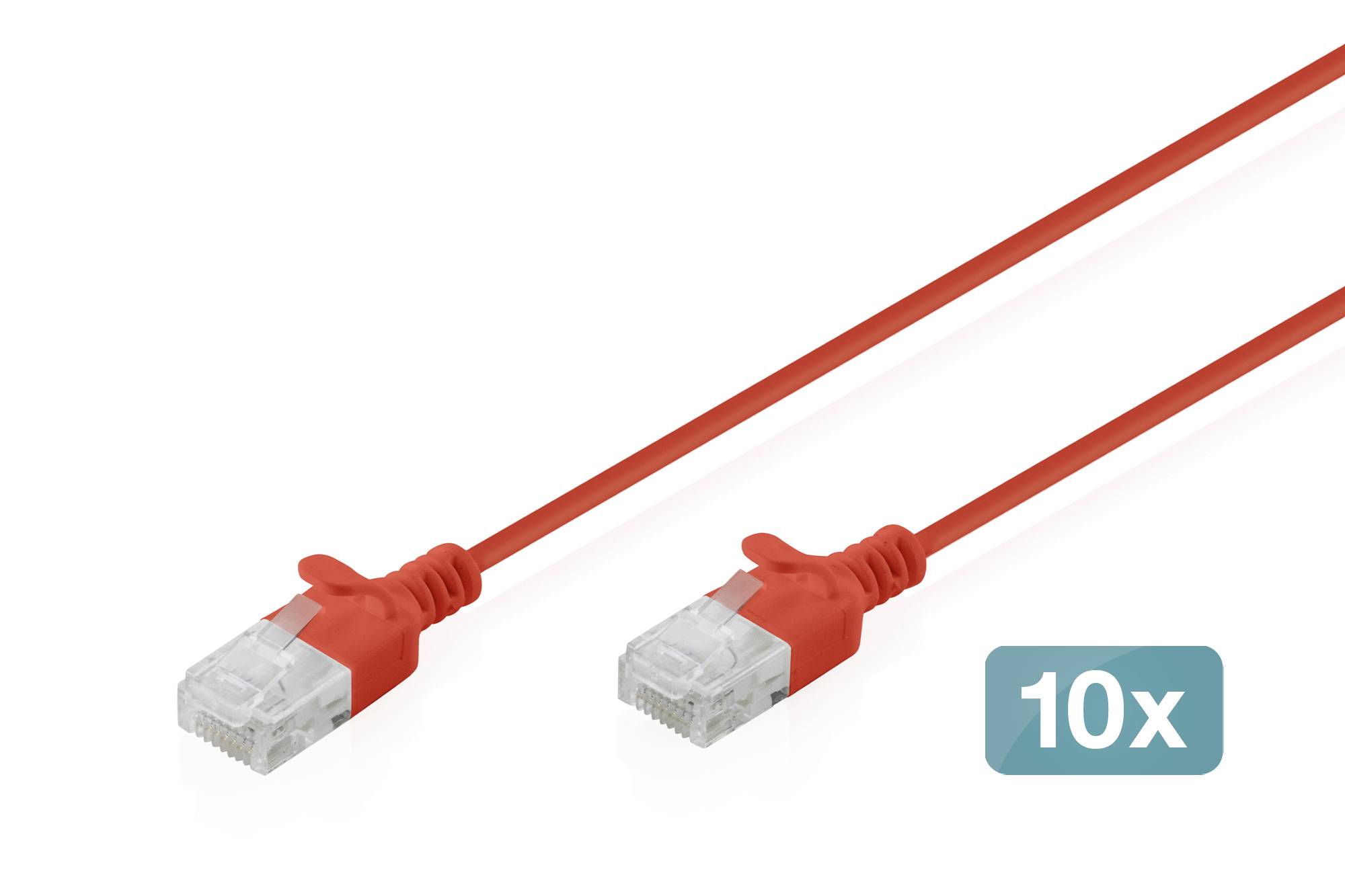 Two red Ethernet cables with clear RJ45 connectors, labeled '10x' in a blue box.