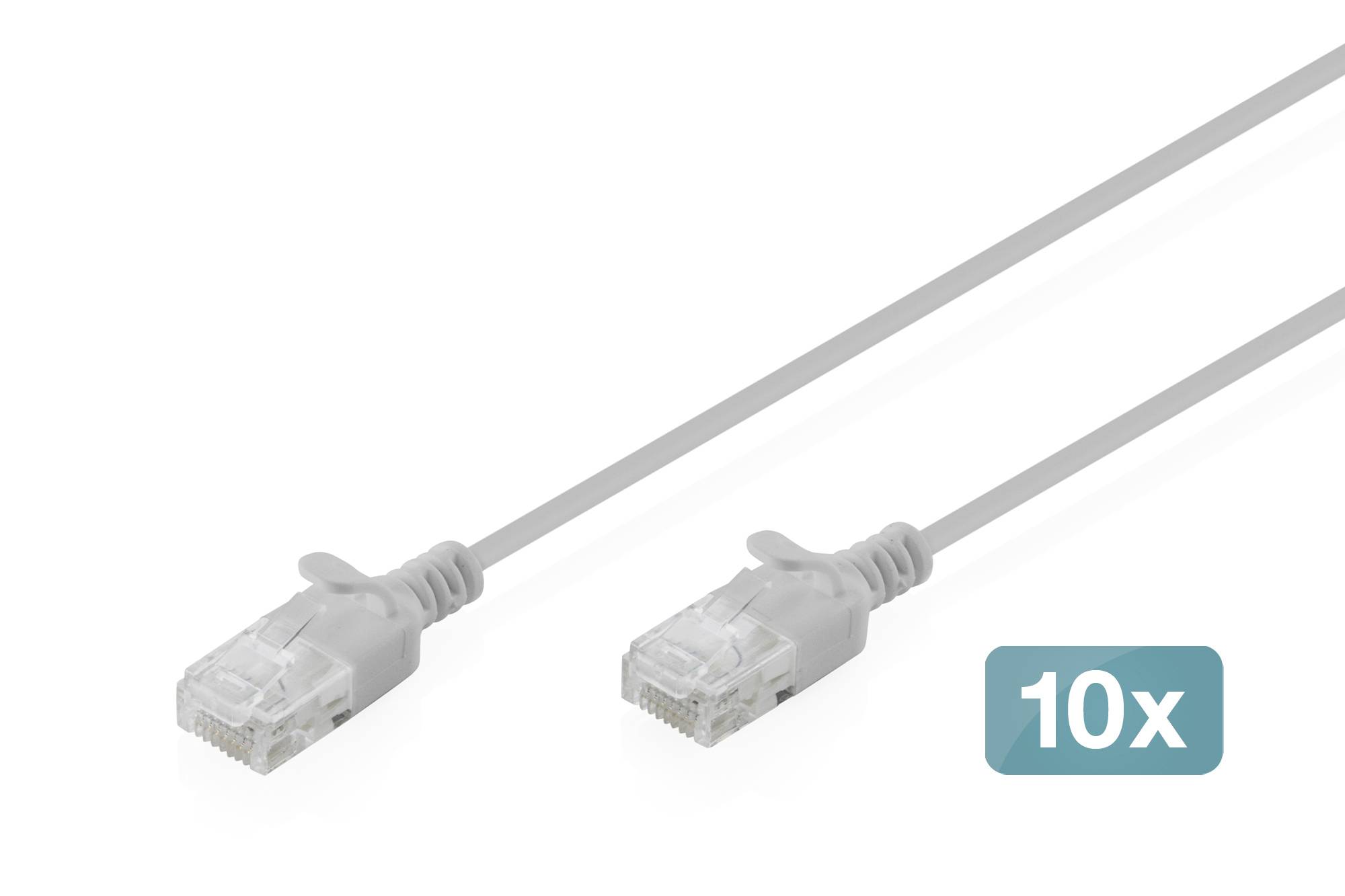 Zwei graue Ethernet-Kabelstecker auf weißem Hintergrund, mit der Bezeichnung „10x