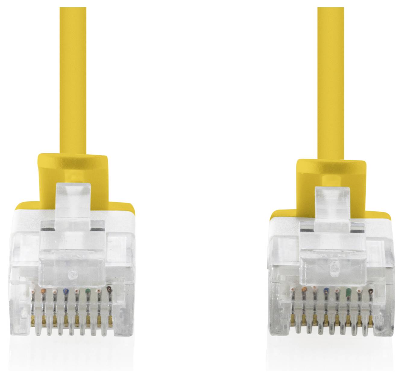 Two clear Ethernet cable connectors with yellow cables shown side by side on a white background.