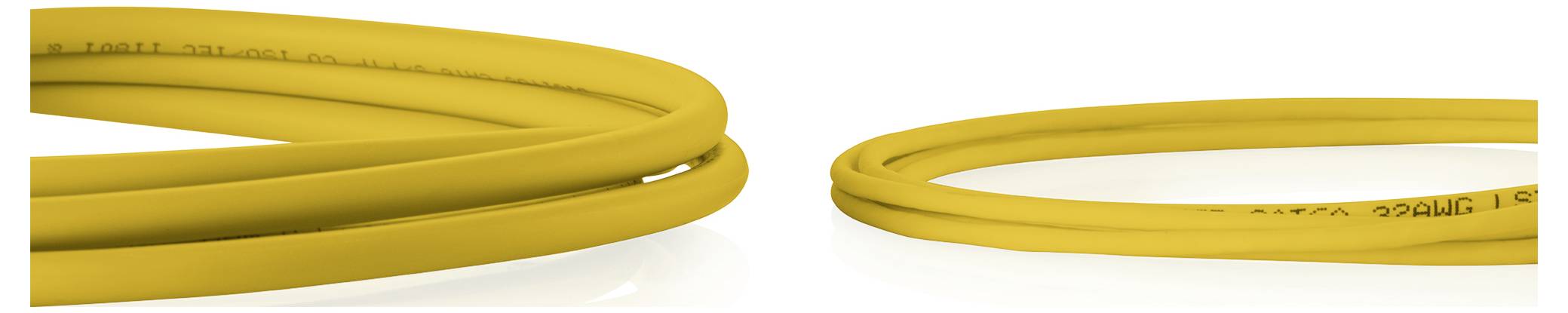 Two yellow cable loops shown on a white background, one larger coil on the left and a smaller loop on the right.