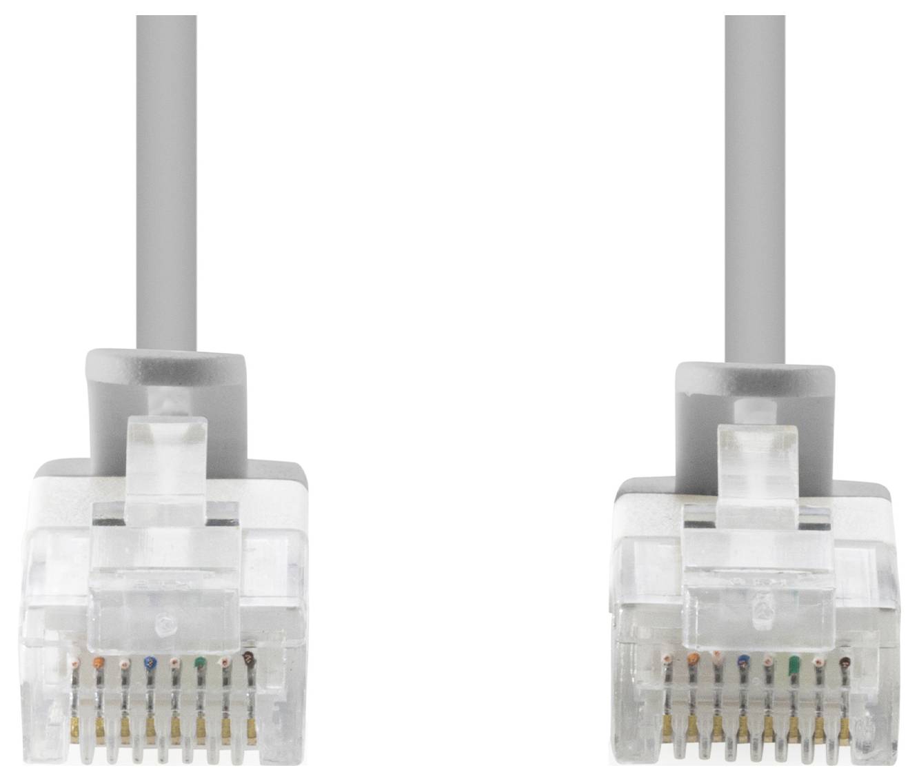 Two clear modular plug connectors with gray cables, shown side by side on a white background.