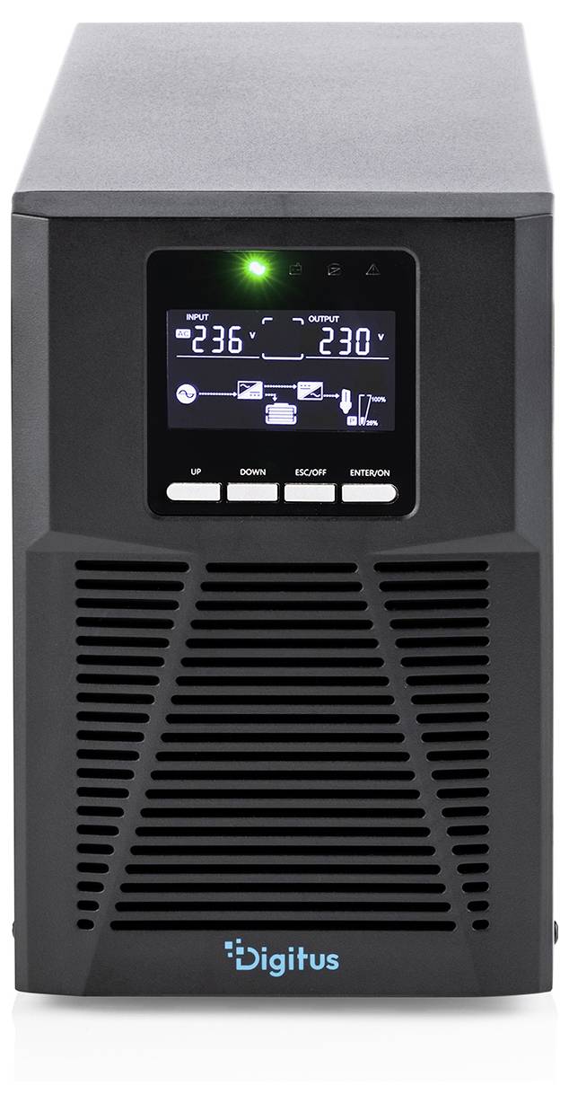 Vorderansicht einer Digitus USV-Batterienotfallversorgung mit LC-Display, das Eingangsspannung 236V und Ausgangsspannung 230V anzeigt, sowie ein grünes Statuslicht.