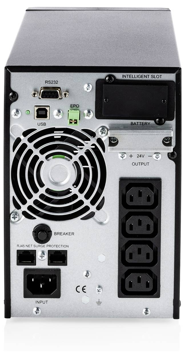 Rückansicht eines USV-Stromversorgungsgeräts mit Eingang, 24V-Ausgangsanschlüssen, USB- und RS232-Anschlüssen, EPO-Anschluss, Schutzschalter und Batterieschacht.