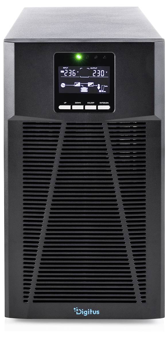 Vorderansicht einer schwarzen Digitus-Stromversorgungsanlage mit Notstromversorgung mit beleuchtetem Display, das den Batteriezustand und Spannungswerte von 236/230 anzeigt.