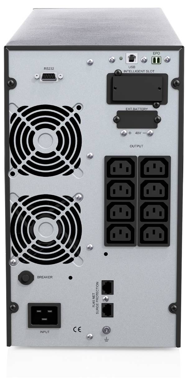Rückansicht eines Tower-USV mit zwei Kühlventilatoren, sechs Ausgangssteckdosen, USB- und Netzwerkports, externem Batteriestecker und Stromschalter.