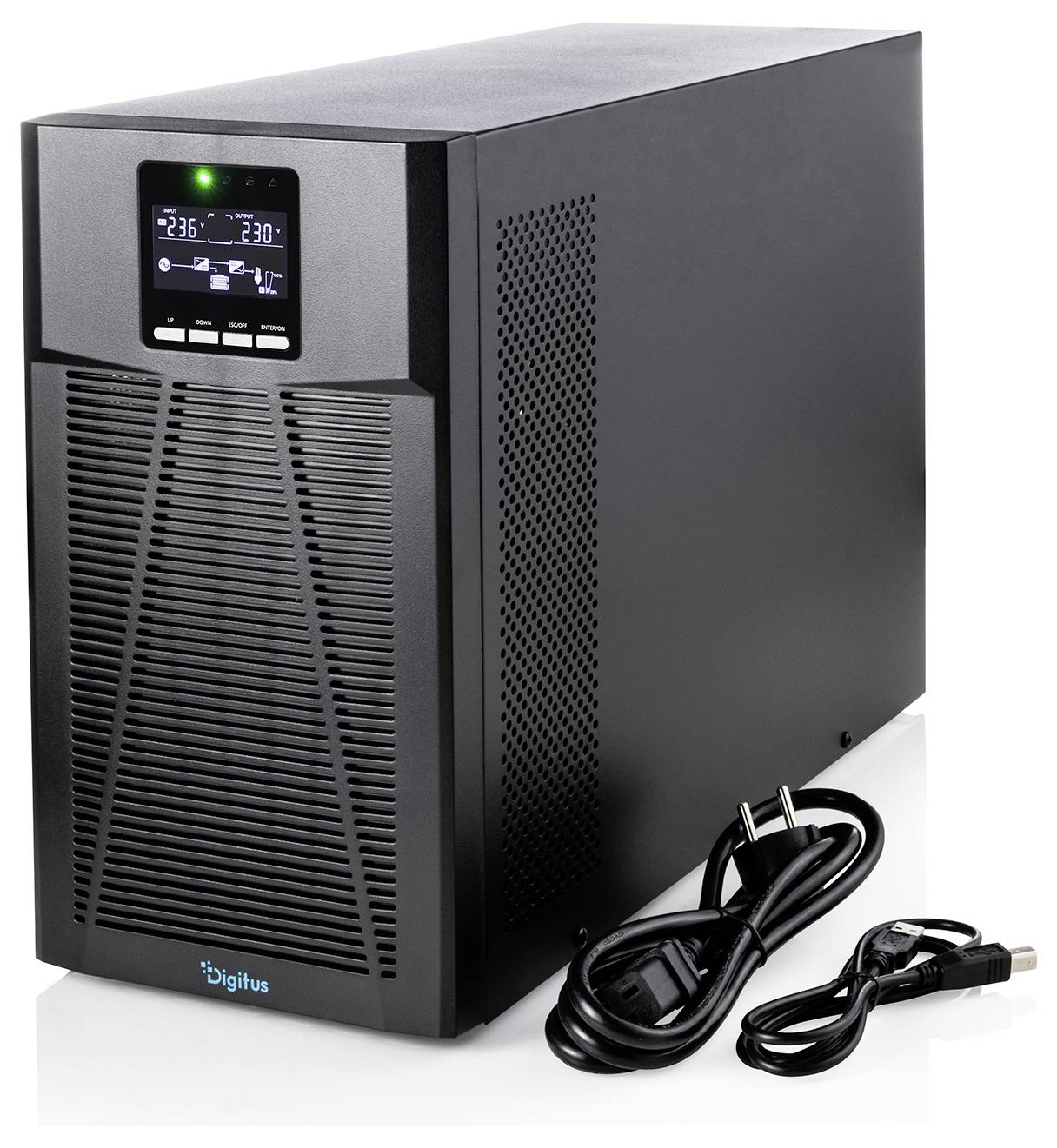 Eine schwarze Digitus-Unterbrechungsfreie Stromversorgung mit einem vorderen Display, das den Batteriezustand und die Temperaturen anzeigt.