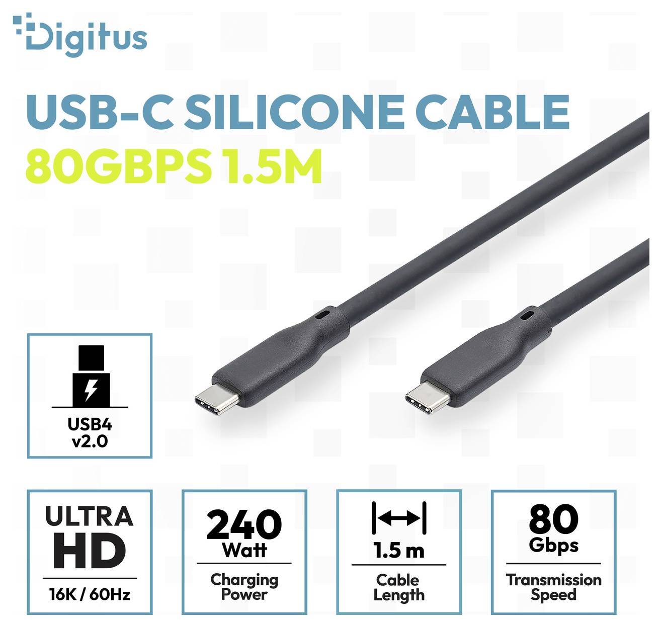 Digitus USB-C Silikonkabel, 1,5 m, USB4 v2.0, 80 Gbps Übertragungsgeschwindigkeit, 240W Laden, Ultra HD 16K/60Hz.
