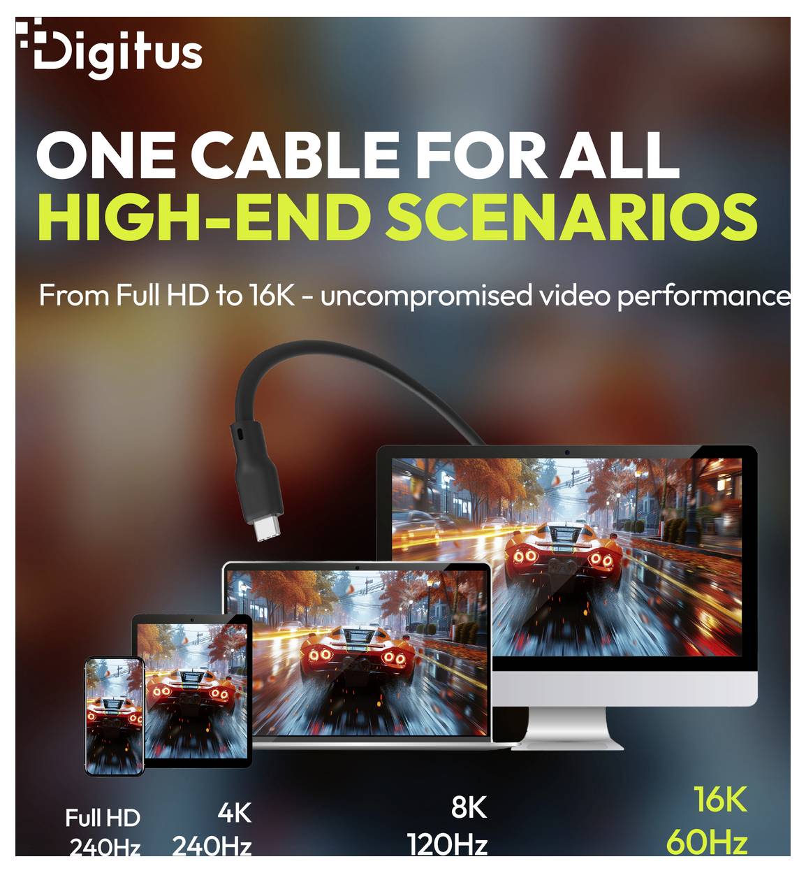 Digitus bewirbt ein Kabel für High-End-Szenarien und zeigt eine USB-C-Displayverbindung über Full HD 240Hz, 4K 240Hz, 8K 120Hz und 16K 60Hz.