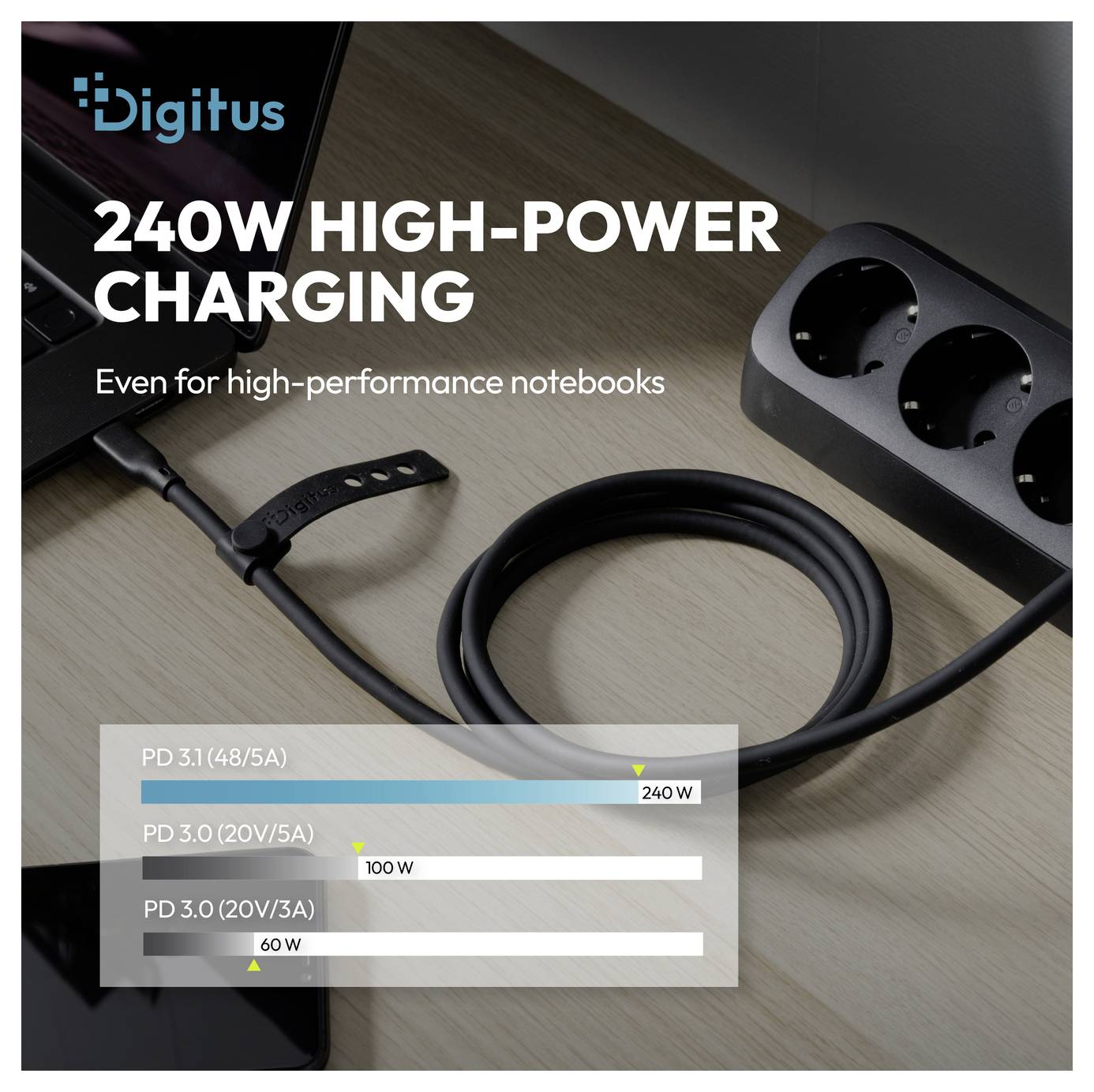 Digitus Anzeige mit einer Steckdosenleiste und USB-C-Kabel mit der Überschrift „240W HOCHLEISTUNGS-LADEN