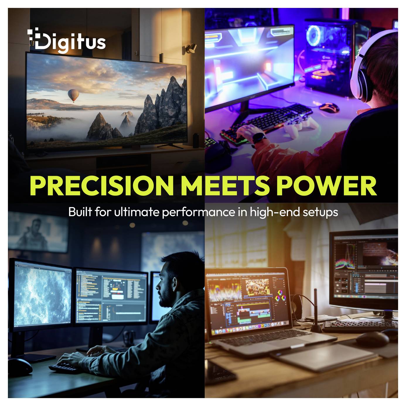 Digitus-Anzeige für High-End-Computerkonfigurationen mit mehreren Monitoren und Gaming-/Bearbeitungsarbeitsplätzen mit dem Text „PRÄZISION TRIFFT LEISTUNG