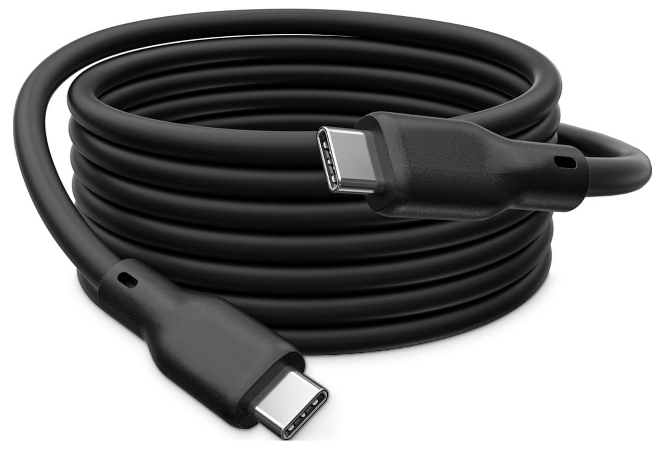 Aufgerolltes schwarzes USB-C-Ladekabel mit Anschlüssen an beiden Enden auf weißem Hintergrund.