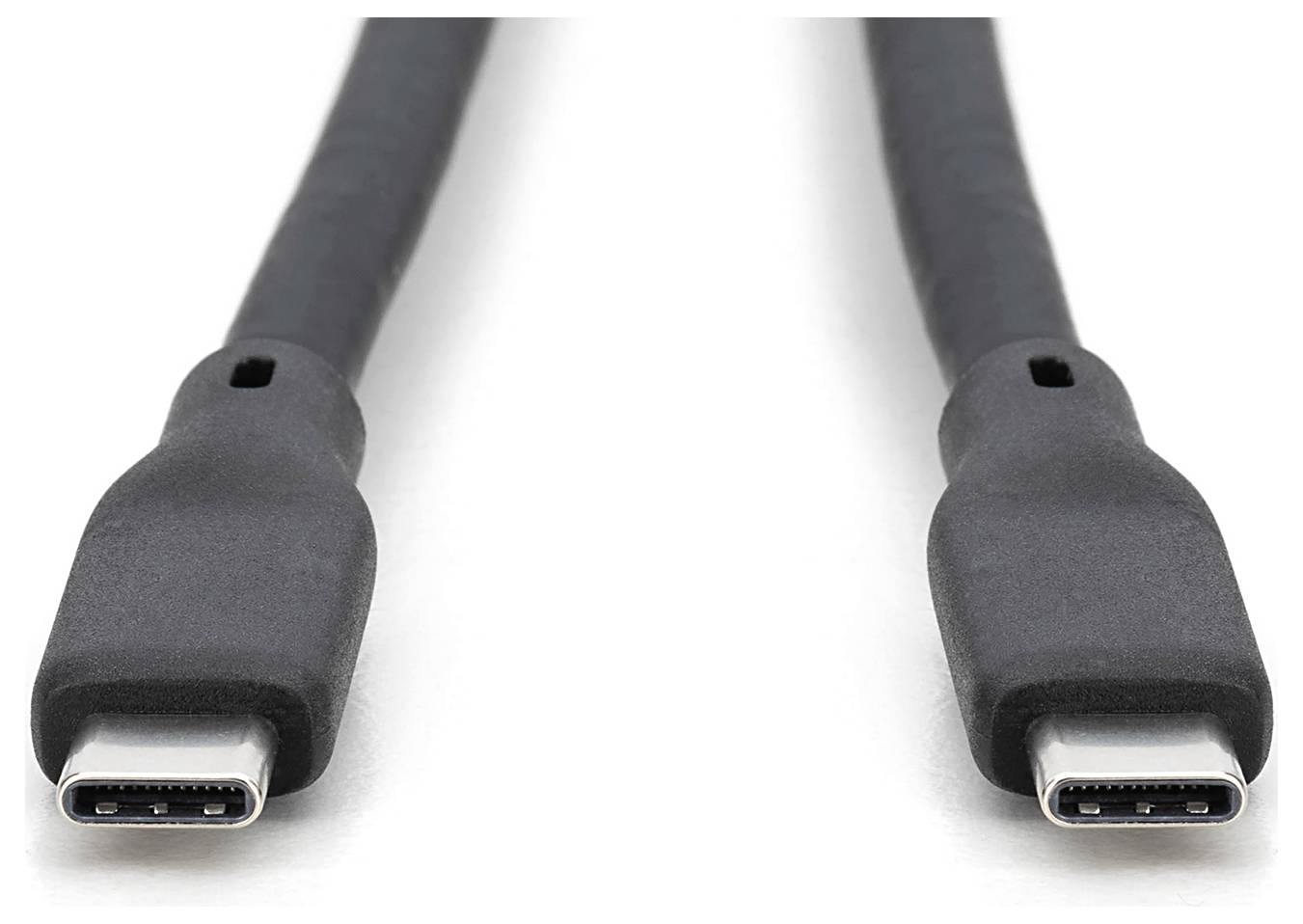 Nahaufnahme eines USB-C-Kabels mit zwei auf weißem Hintergrund gezeigten Anschlüssen.