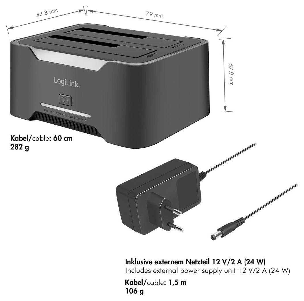 LogiLink Dockingstation mit Abmessungen, 60 cm Kabel und 282 g Gewicht; einschließlich 12 V/2 A externer Stromversorgung mit 1,5 m Kabel und 106 g Gewicht.