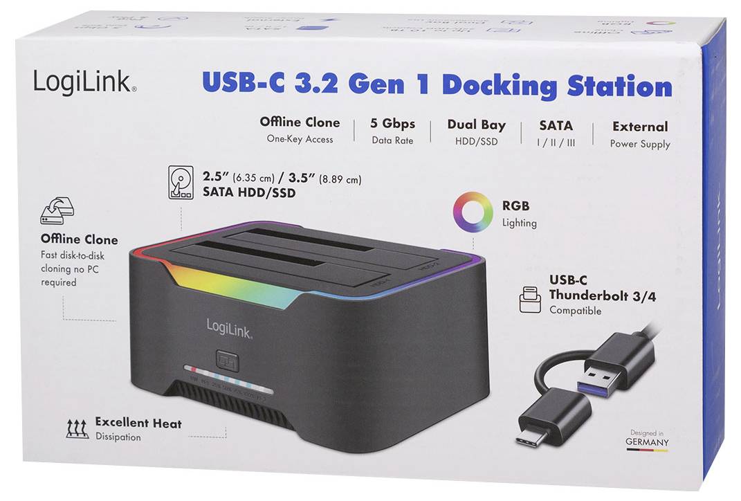 LogiLink USB-C 3.2 Gen 1 Dockingstation mit Dual-Bay-Festplattenlaufwerk/SSD-Dock mit Offline-Klon, RGB-Beleuchtung, USB-C/Thunderbolt 3/4-Kompatibilität und enthaltenem Kabel.