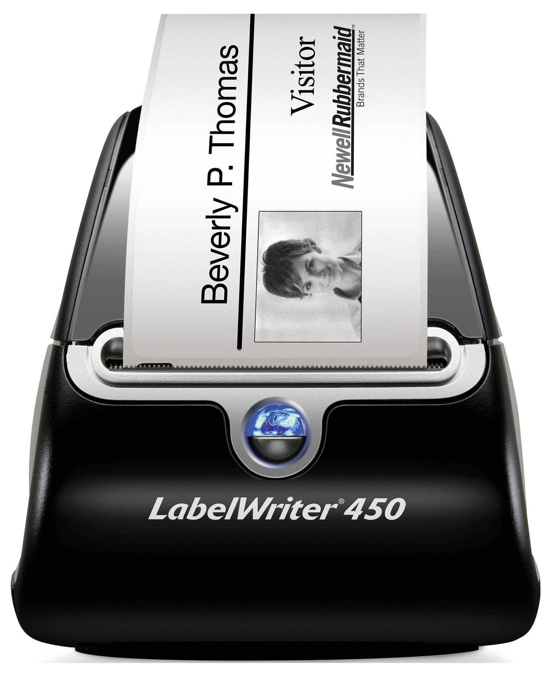 LabelWriter 450 Etikettendrucker druckt einen Besucherausweis mit dem Namen Beverly P. Thomas mit einem kleinen Porträt und Newell Rubbermaid Branding.