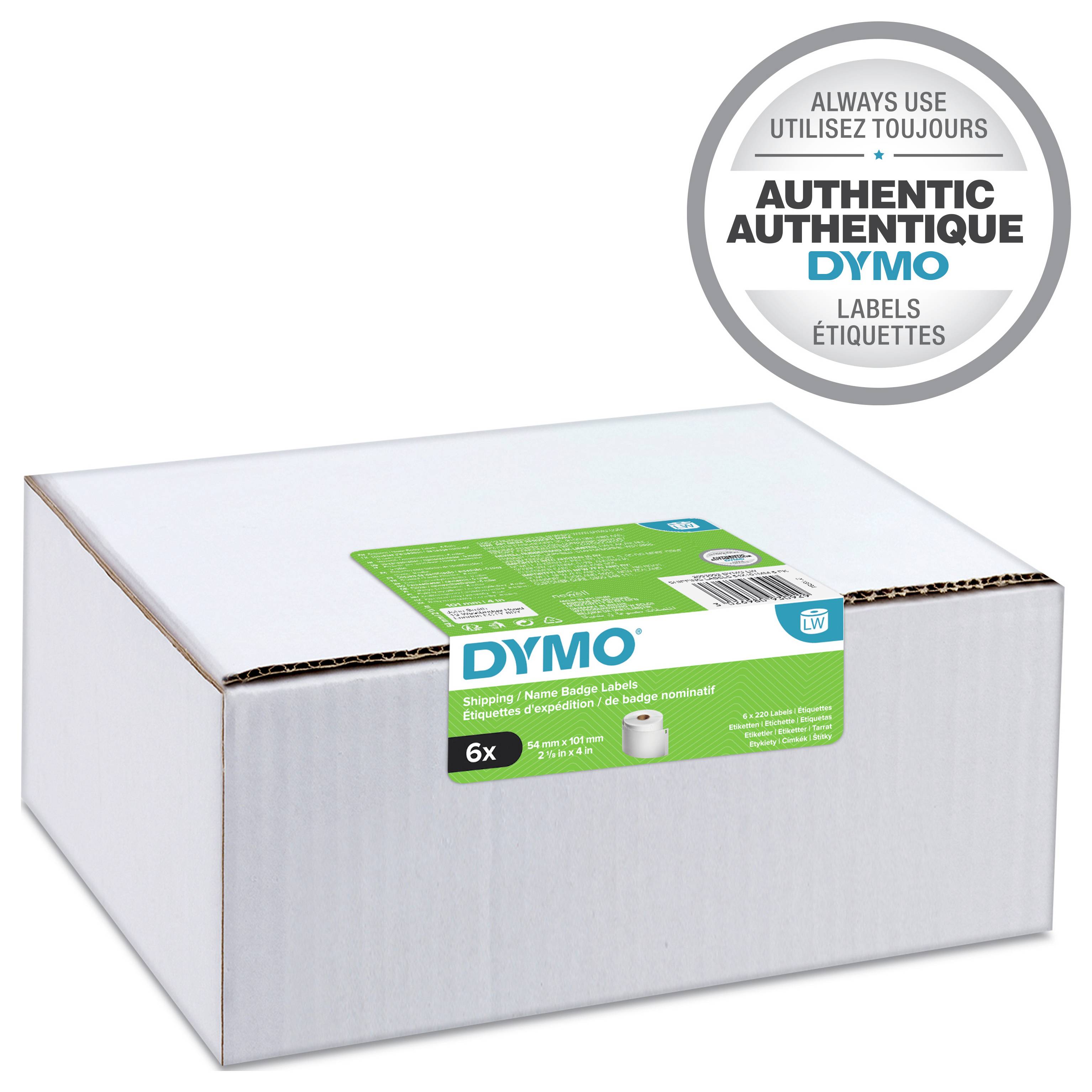 Karton mit DYMO Versand-/Namensschildetiketten, mit einem Authentizitätssiegel „Verwenden Sie immer Originalprodukte