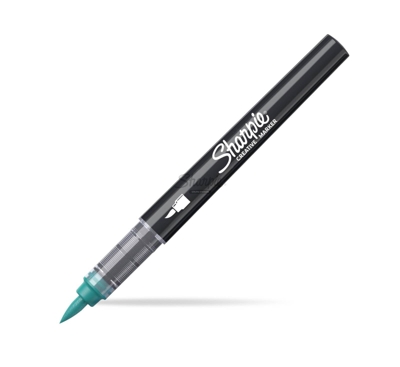Schwarzer Sharpie Kreativmarker mit türkisfarbener Spitze auf weißem Hintergrund.