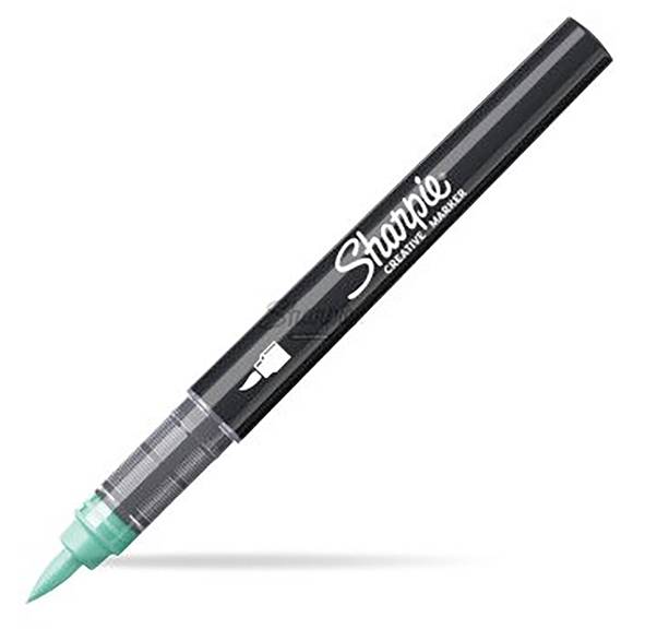Schwarzer Sharpie-Kreativmarker mit tealblauen Spitze und Kappe, diagonal auf weißem Hintergrund dargestellt.