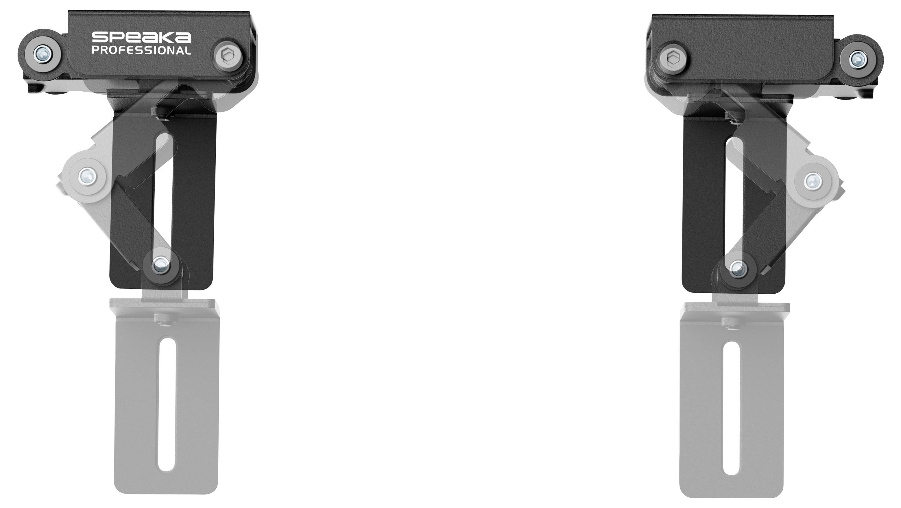Zwei schwarze SPEAKA PROFESSIONAL verstellbare Wandhalterungen nebeneinander angeordnet, jede mit einem Metallaufhängungsschlitz und einem schwenkbaren Arm.