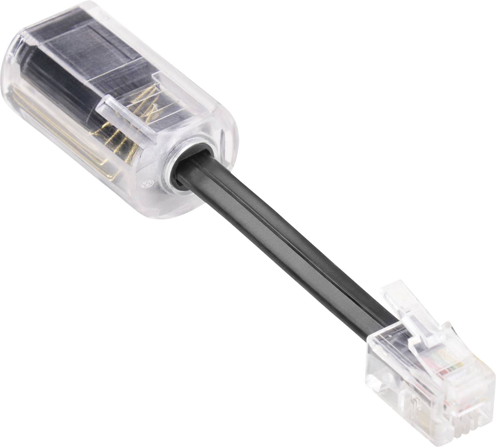 Transparenter RJ45-Ethernet-Kabelstecker mit einem kurzen schwarzen Kabel und freiliegender innerer Verdrahtung.