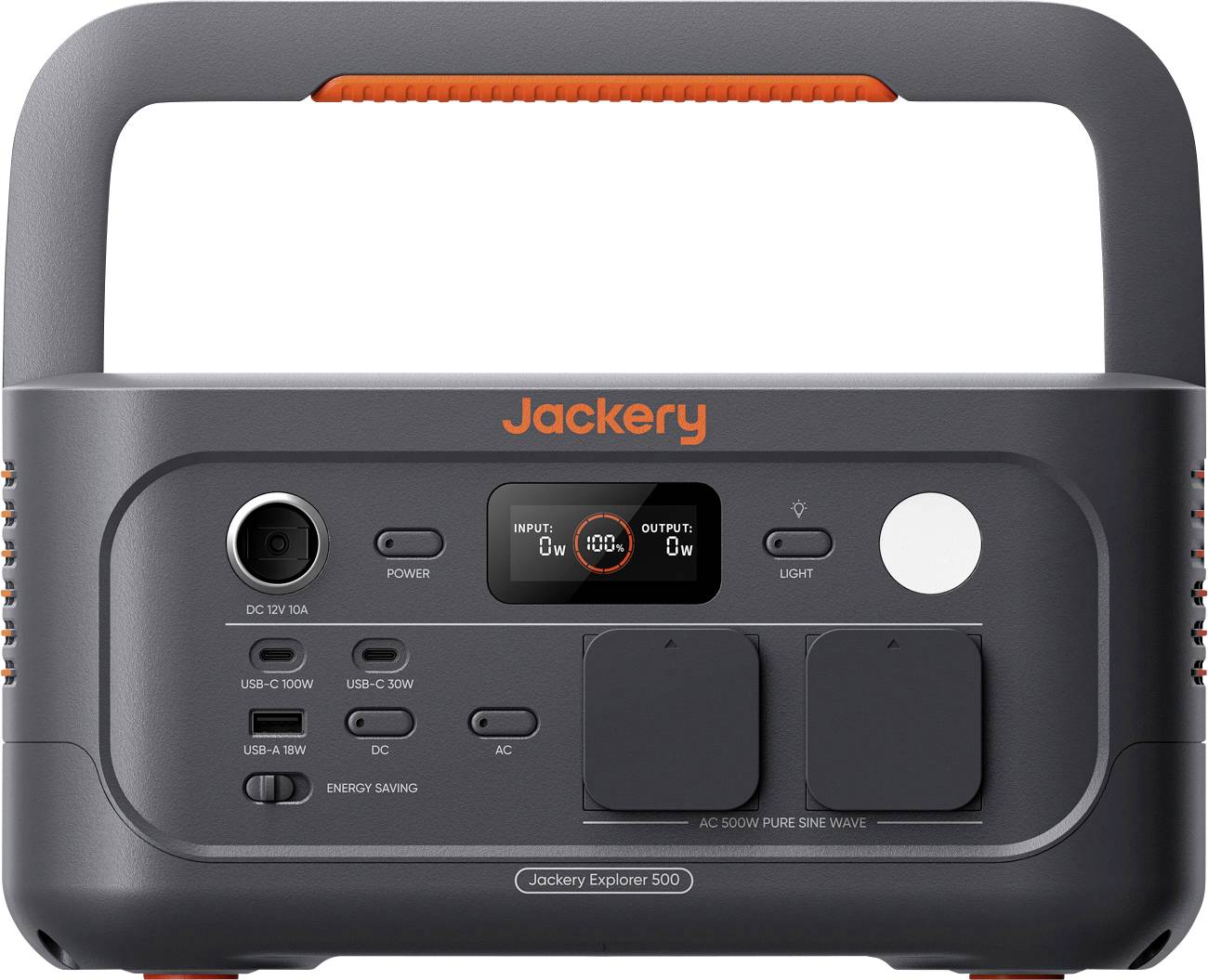 Vorderansicht einer tragbaren Jackery Explorer 500 Stromversorgungsstation mit Griff, Display, AC-Steckdosen, USB-Anschlüssen, Stromtaste und Lichttaste.