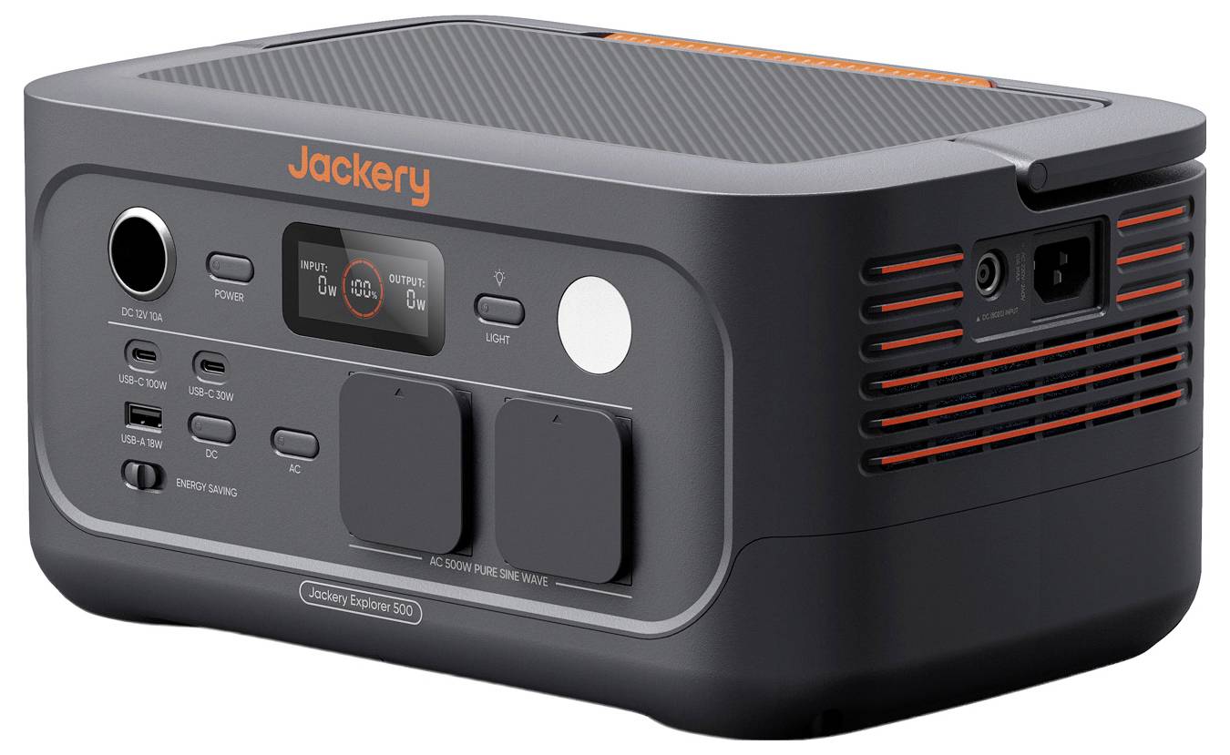 Jackery tragbare Stromstation mit frontem Display, AC- und USB-Anschlüssen, Stromschalter und belüfteter Seitenklappe.