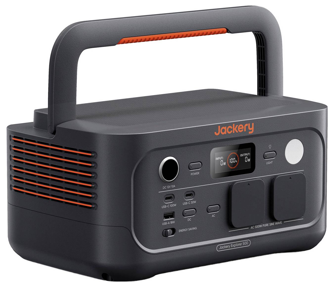 Tragbare Jackery Stromstation mit Griff, AC-Steckdosen, USB-Anschlüssen, Display und Lüftungsöffnungen für netzunabhängiges Laden und Notstromversorgung.