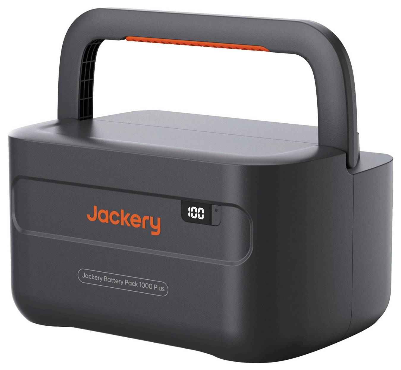 Tragbares Jackery-Akkupack mit Tragegriff und digitaler Ladeanzeige, beschriftet mit 