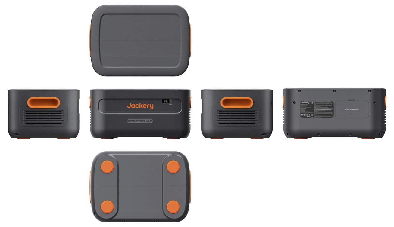 Produktansicht eines tragbaren Jackery-Stromgenerators von oben, vorne, von der Seite, von hinten und von unten in Dunkelgrau mit orangefarbenen Akzenten.