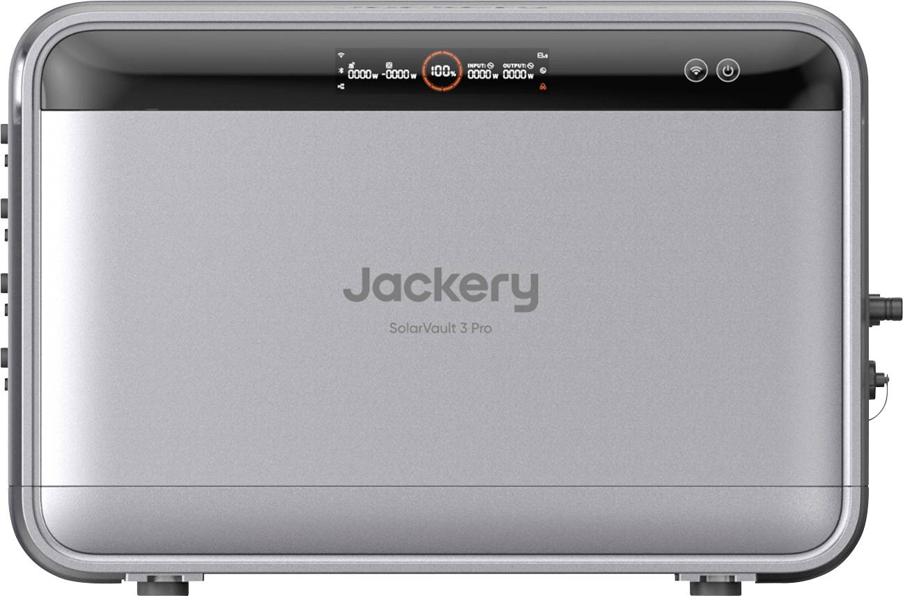 Vorderansicht einer Jackery SolarVault 3 Pro Batterie-Einheit mit kleinem oberen Statusdisplay und seitlich angeschlossenen Kabeln.
