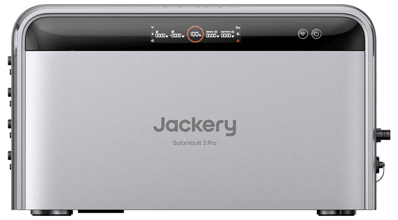 Vorderansicht einer Jackery SolarVault 3 Pro Batterieeinheit mit Anzeigetafel und Seitenhäfen, gezeigt auf weißem Hintergrund.
