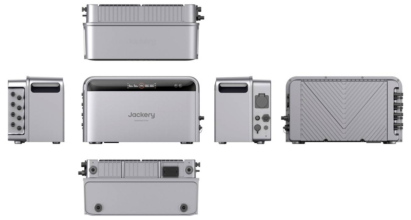 Mehransicht-Produktbild einer tragbaren Stromstation von Jackery, das die Vorder-, Rück-, Seiten-, Ober- und Unterseite mit Anschlüssen und Griff zeigt.