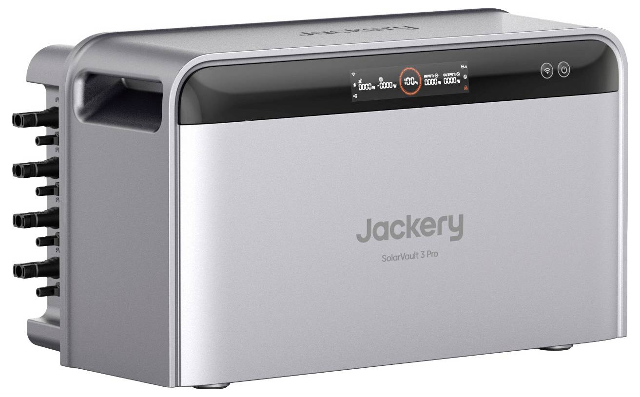 Tragbare Powerstation Silver Jackery SolarVault 3 Pro mit Display-Panel und mehreren Ausgangsanschlüssen an der Seite