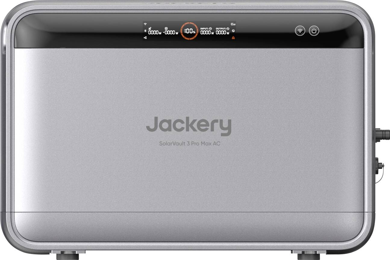 Jackery SolarVault 3 Pro Max AC Batterieeinheit mit frontalem Display, das 100% Ladung anzeigt
